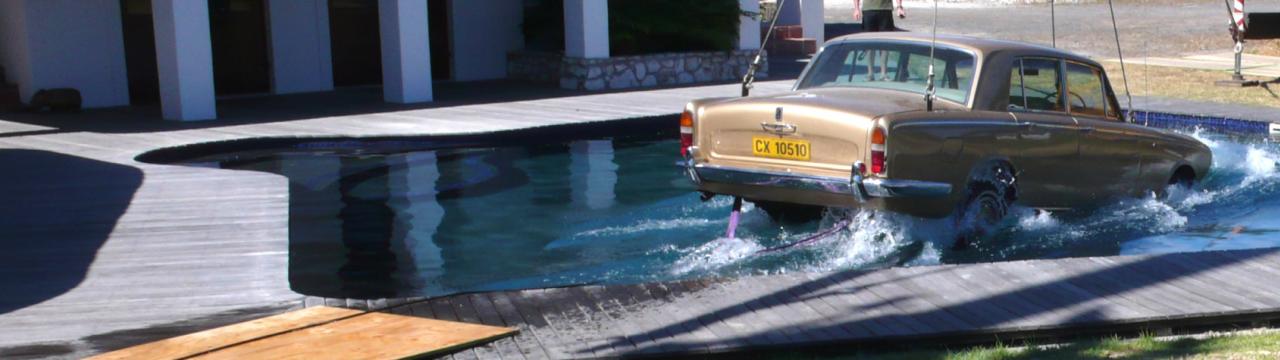Mercedes crashes into pool rig, SFX rigs and water effects Cape Town